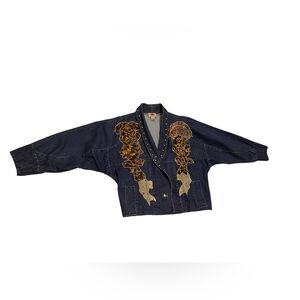 Vtg 80s Blue Creek Dolman Sleeve Animal Print Studs Sz M Art Cropped Denim Jean